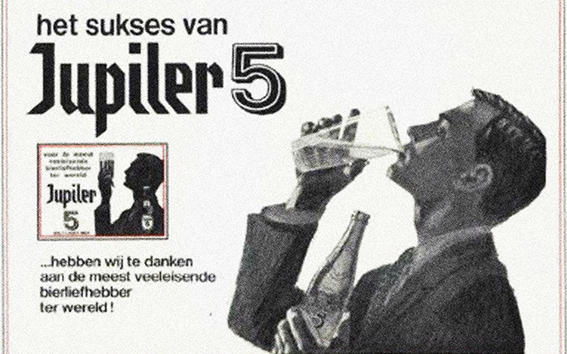 Vintage 1966 Jupiler 5 advertisement, 'Het sukses van Jupiler 5', showing a man drinking beer from a glass.