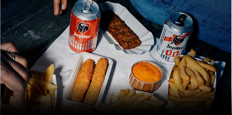 Jupiler beers served with Belgian fries and burgers